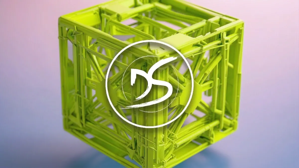 Univers visuel Devsource avec cube 3D, déclinaison jaune